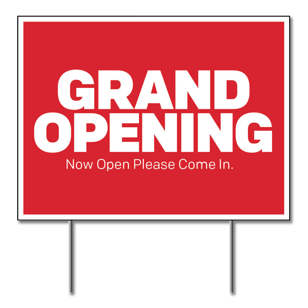 Red and white grand opening lawn sign