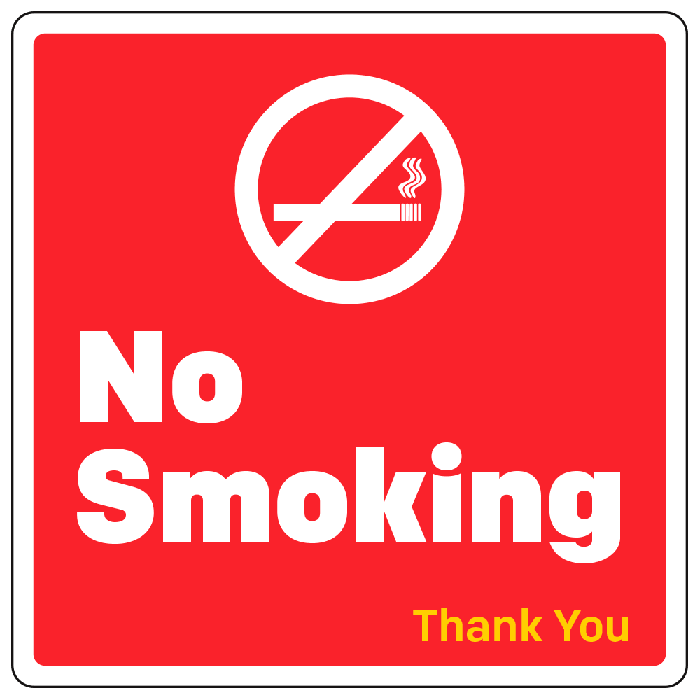 Red and white no smoking sign with thankyou in yellow