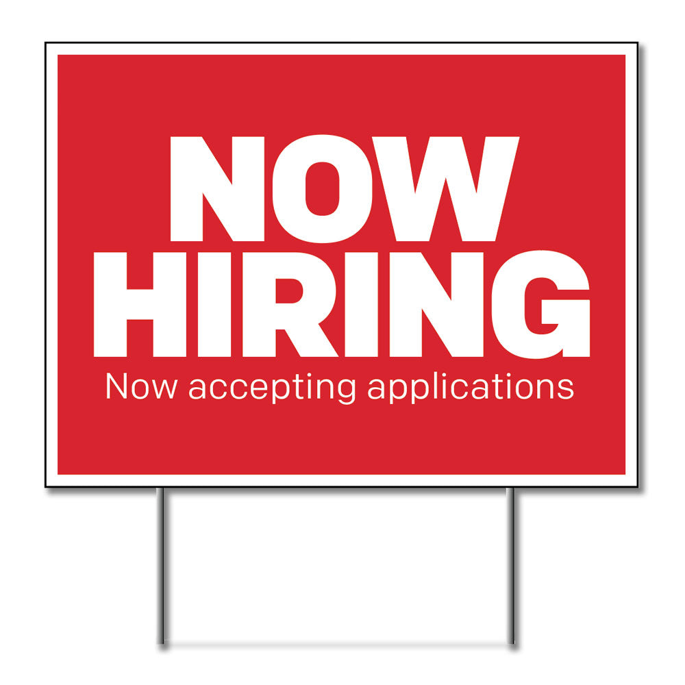 Red and white now hiring lawn sign