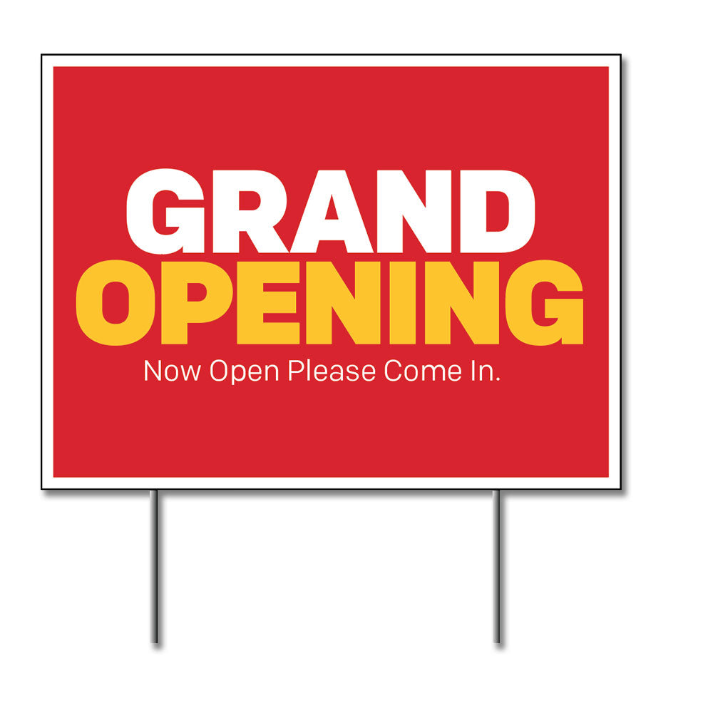 Red white and yellow grand opening lawn sign