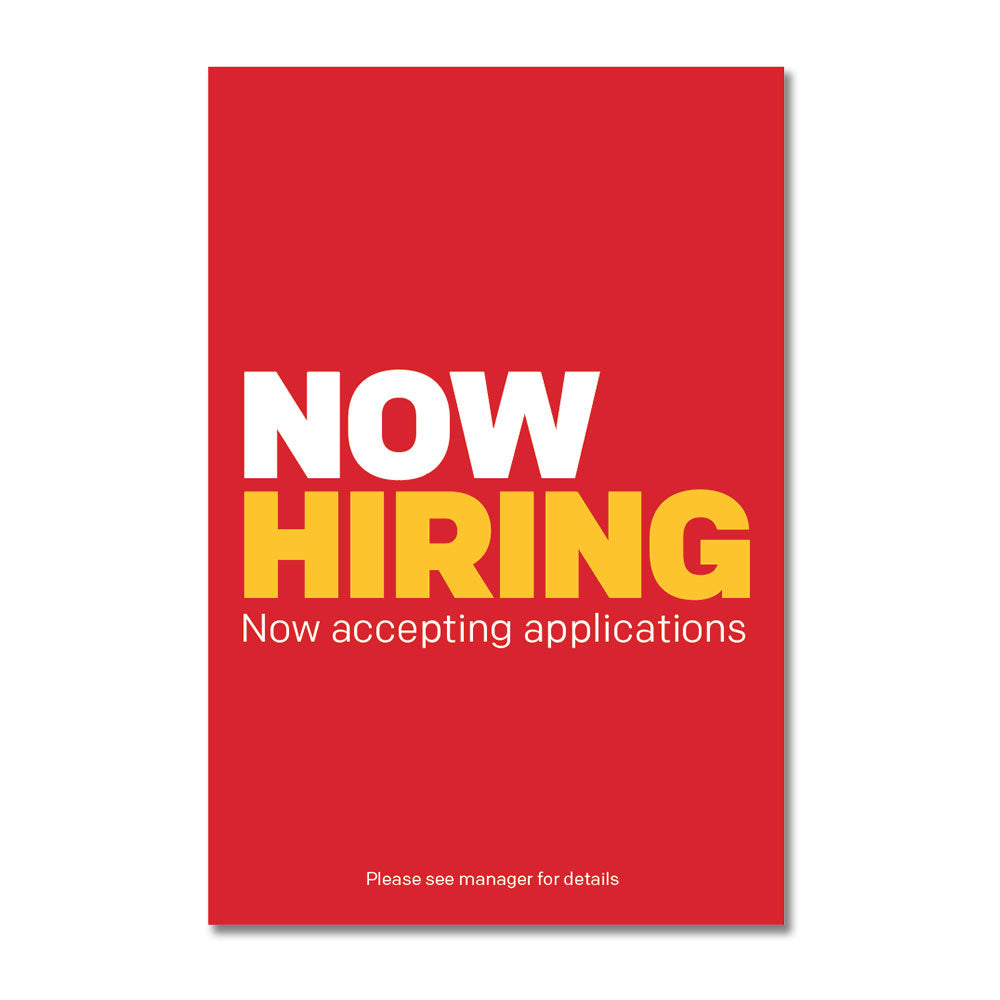 Red white and yellow now hiring poster