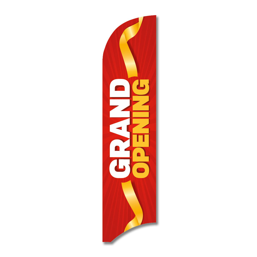 red, white, and yellow grand opening blade flag with yellow ribbon design with white background