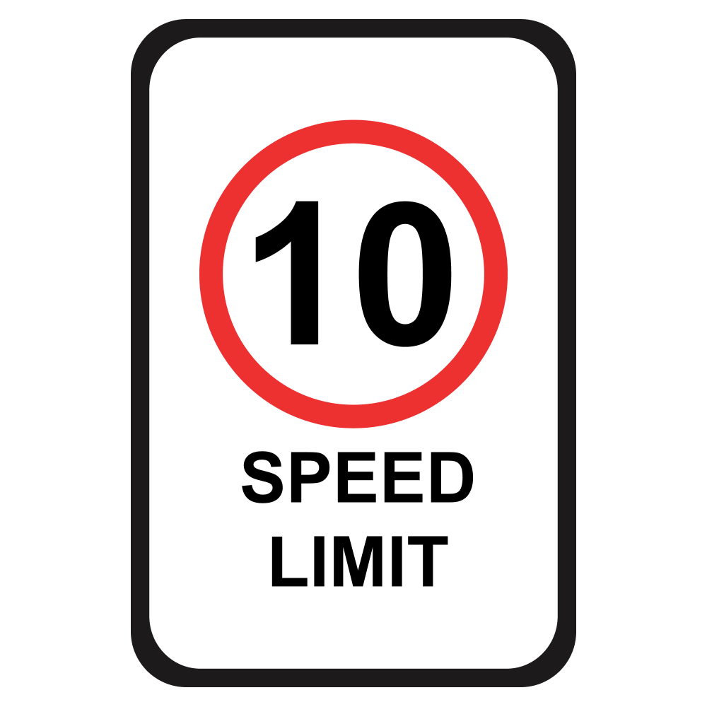 Black white and red speed limit 10 mph sign