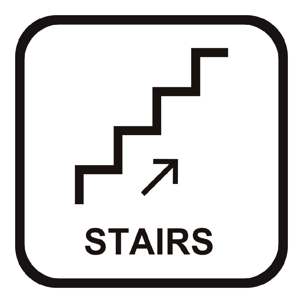 Black and white stairs sign with diagonal arrow and image of stairs