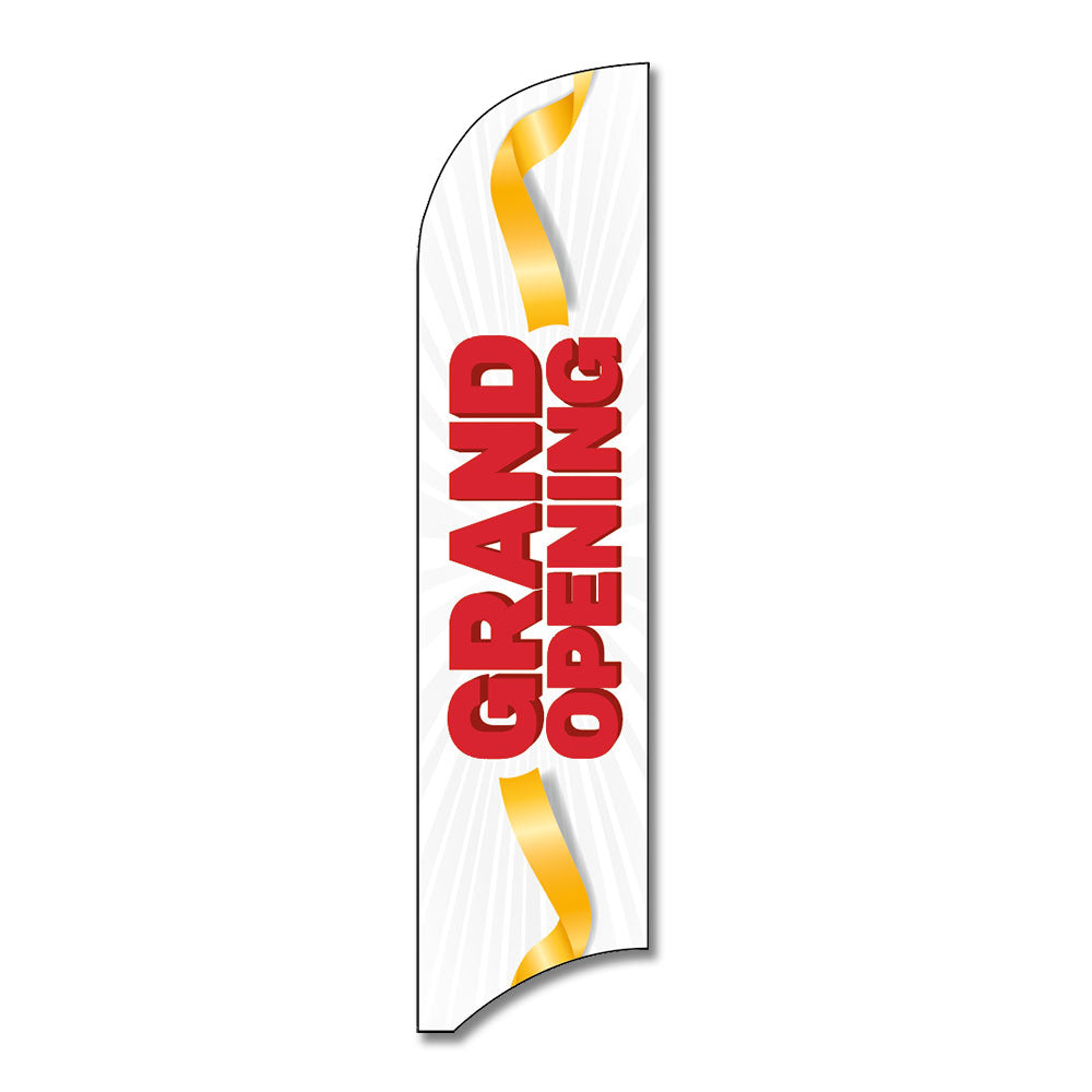 red, white, and yellow grand opening blade flag with yellow ribbon design with white background
