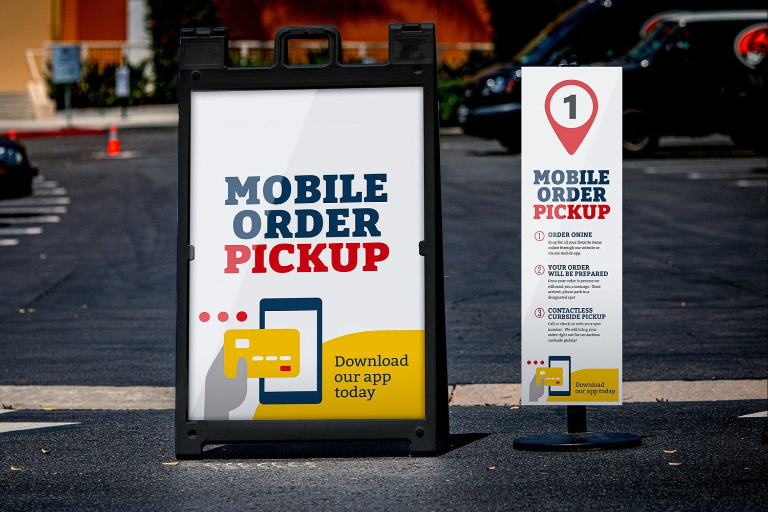 mobile order pickup a frame sign and parking sign