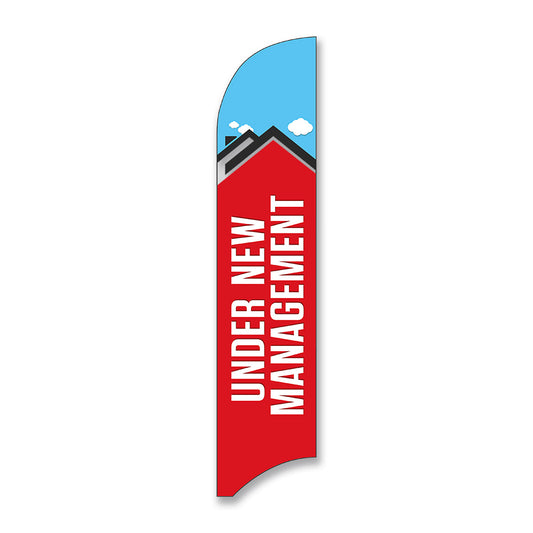 A red blue 'Under New Management' blade flag with a roof design in the background and the text 'UNDER MANAGEMENT' in bold white lettering.