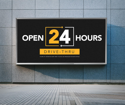 black and yellow drive thru open 24 hours mini billboard on wall
