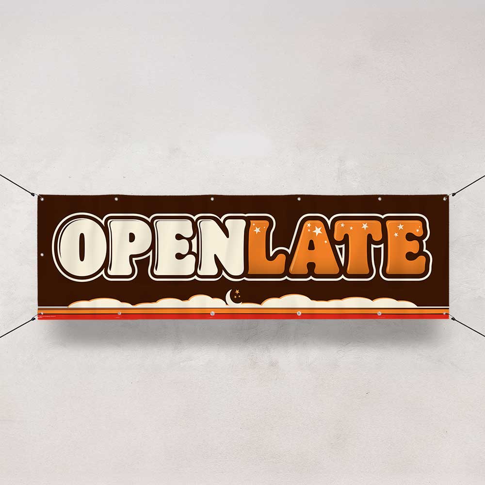 A rectangular banner with the word 'OPENLATE' in large retro-style lettering, hanging against a light textured wall. The banner has a dark brown background, cream and orange lettering, and decorative cloud-like shapes along the bottom.