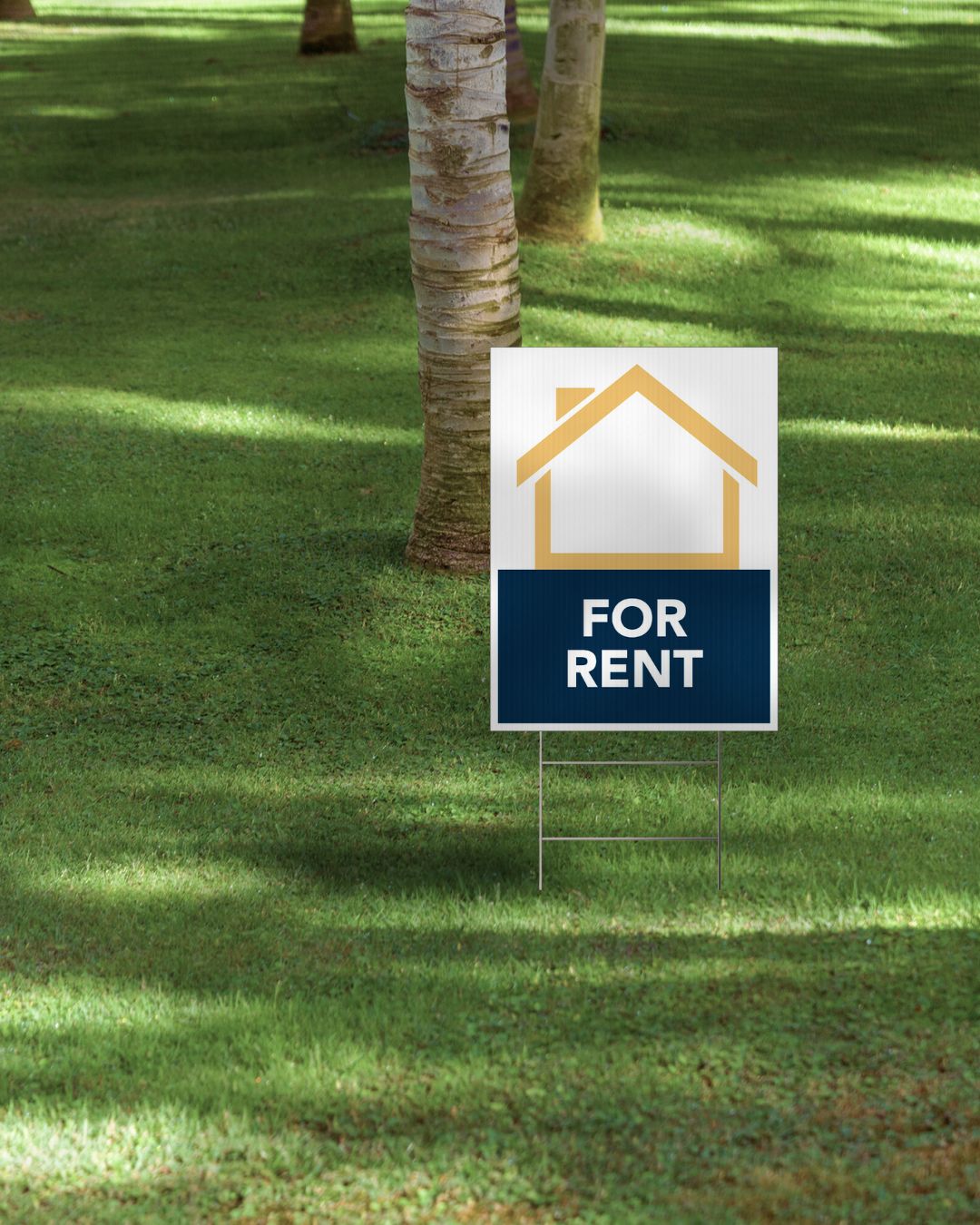 navy gold and white for rent lawn sign with green grass and palm trees background