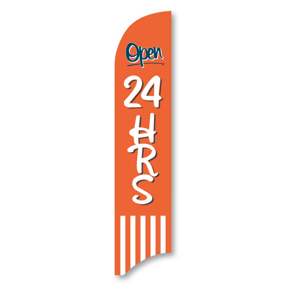 Open 24 Hours - Orange - Blade Flag w/Hardware - 13 FT.
