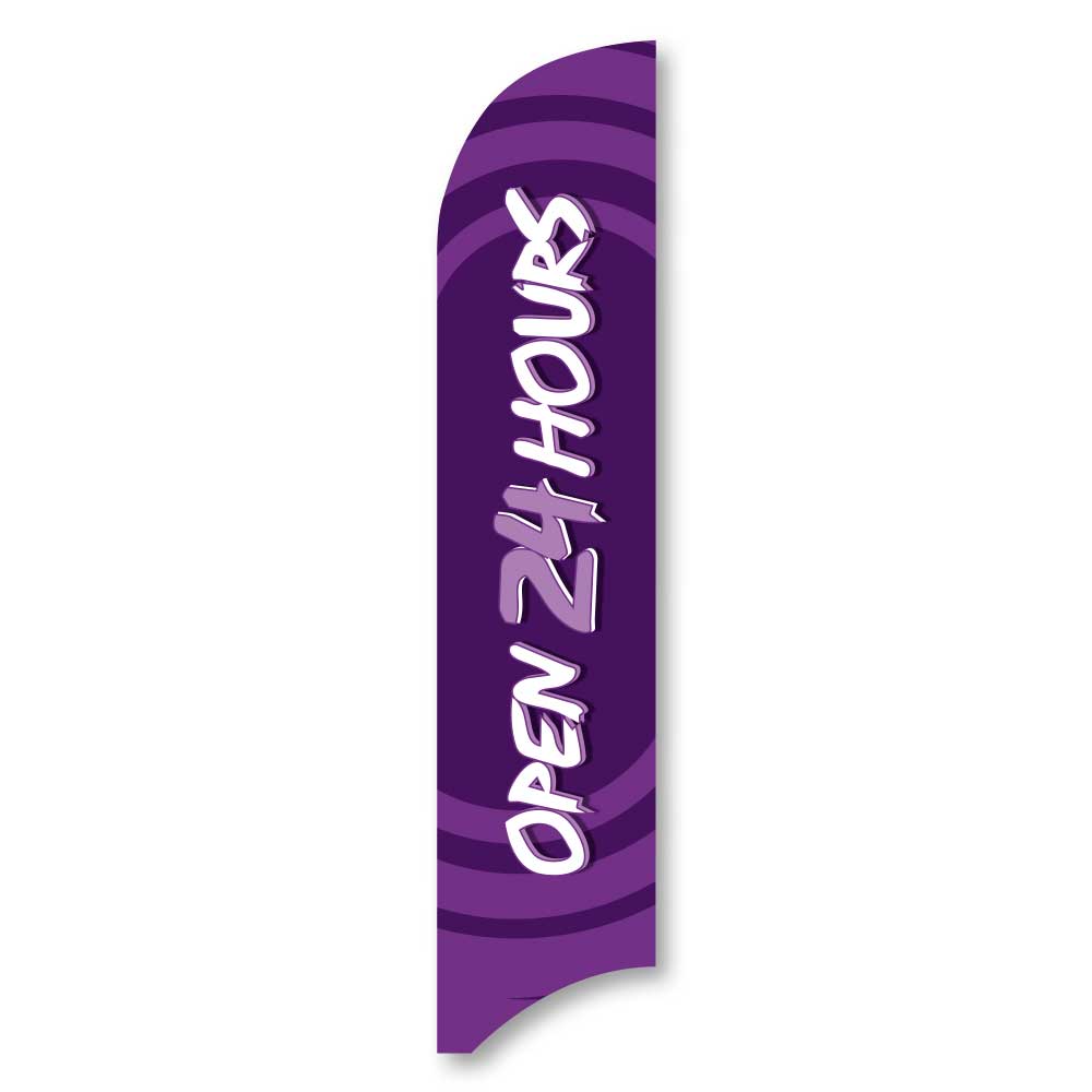 Open 24 Hours - Purple - Blade Flag w/Hardware - 13 FT.