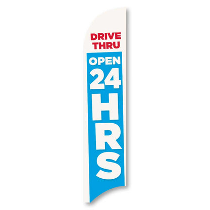 Drive-Thru Open 24 Hours - Blue - Blade Flag w/Hardware - 13 FT.