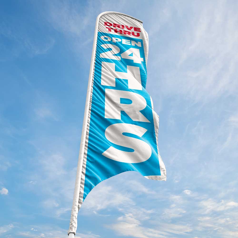 Drive-Thru Open 24 Hours - Blue - Blade Flag w/Hardware - 13 FT.