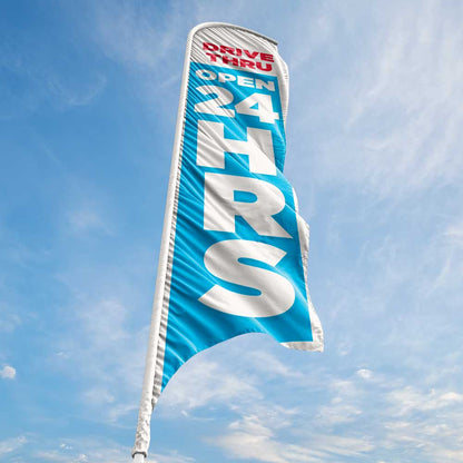 Drive-Thru Open 24 Hours - Blue - Blade Flag w/Hardware - 13 FT.