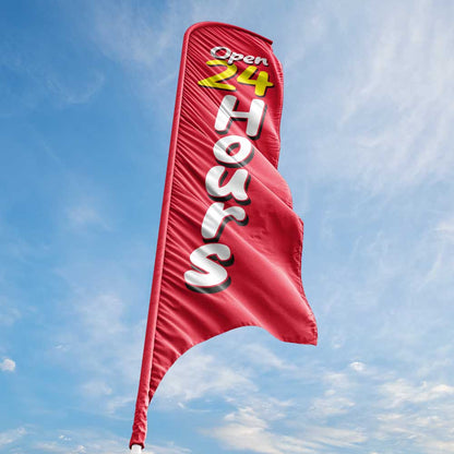 Open 24 Hours - Red - Blade Flag w/Hardware - 13 FT.