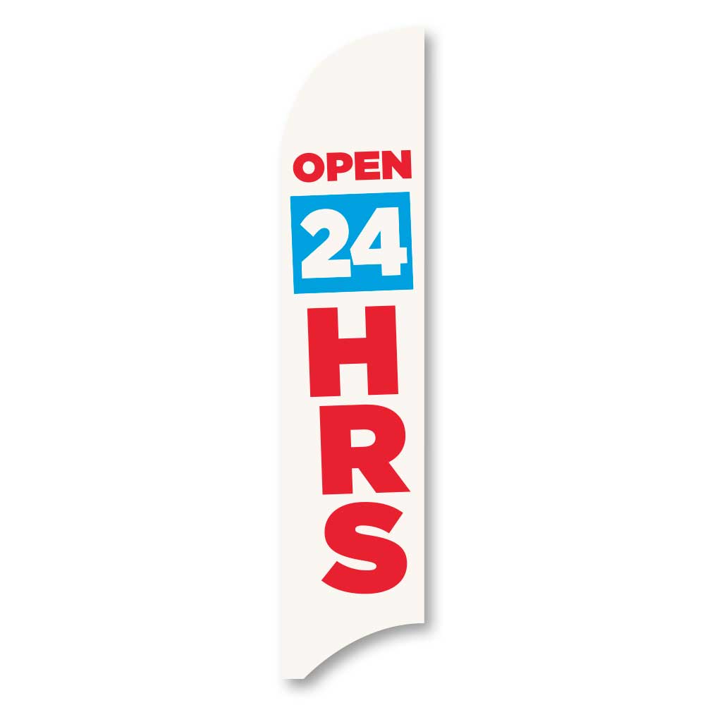 Open 24 Hours - Blue - Blade Flag w/Hardware - 13 FT.