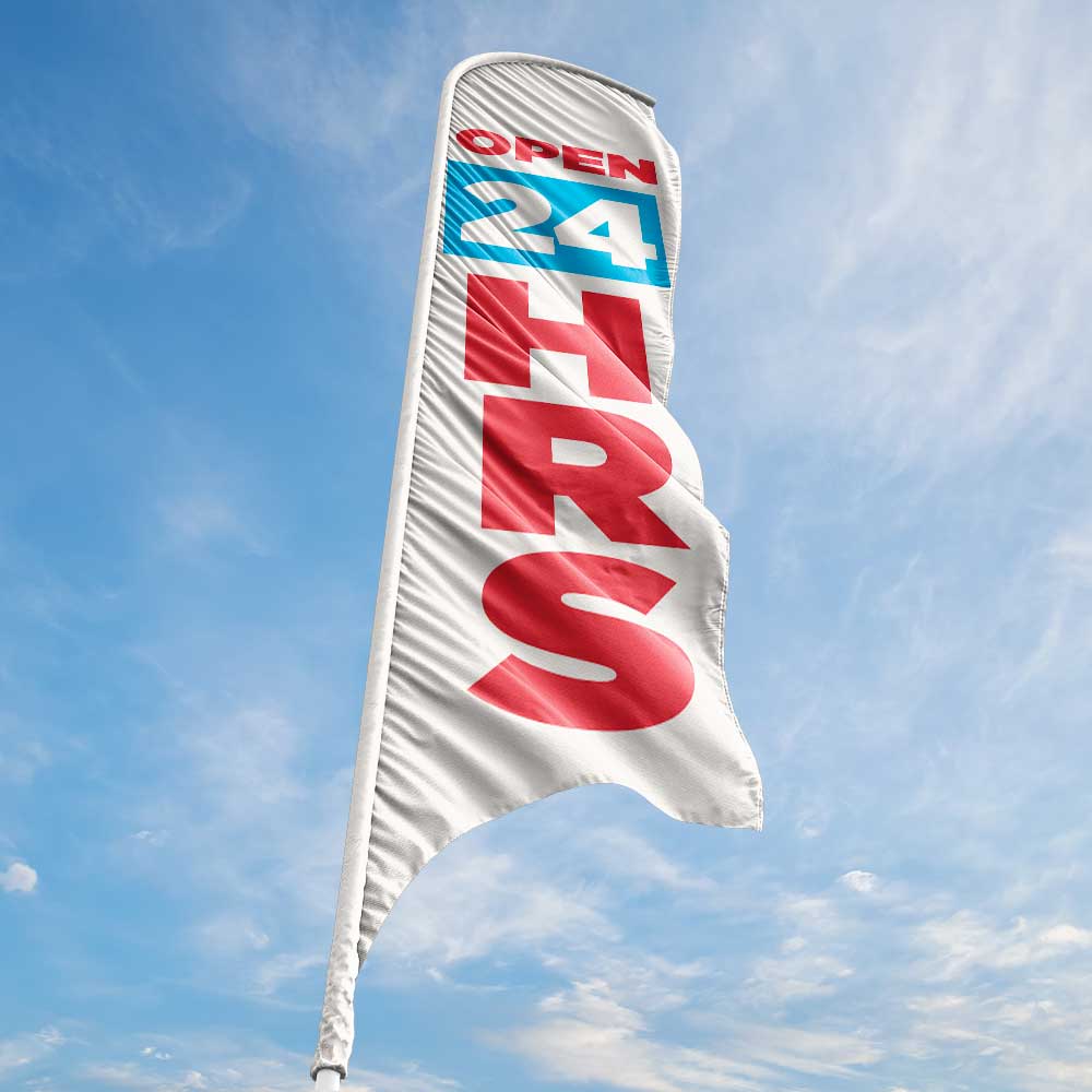 Open 24 Hours - Blue - Blade Flag w/Hardware - 13 FT.