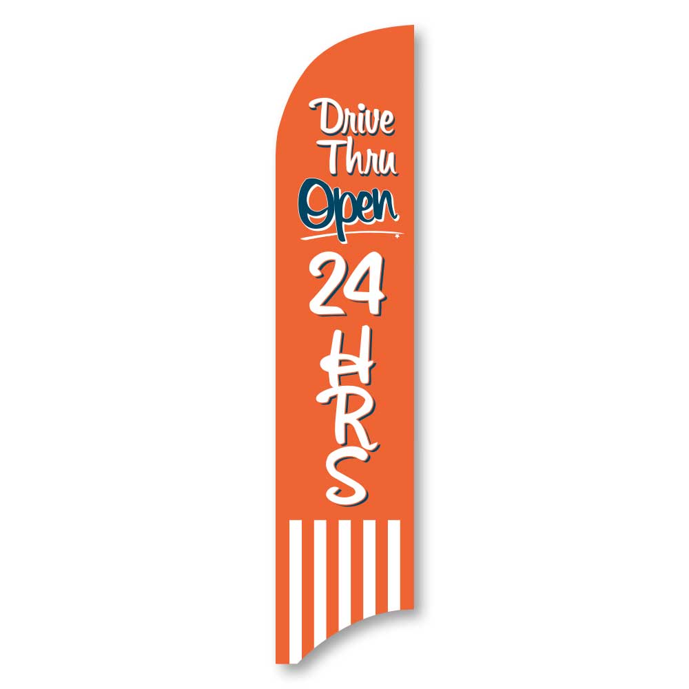 Drive-Thru Open 24 Hours - Orange - Blade Flag w/Hardware - 13 FT.
