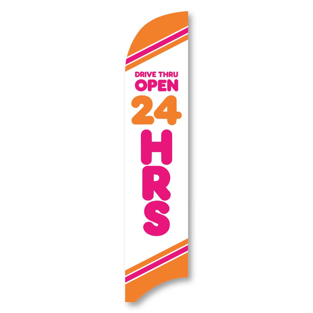 Drive-Thru Open 24 Hours - Pink - Blade Flag w/Hardware - 13 FT.