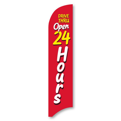 Drive-Thru Open 24 Hours - Red - Blade Flag w/Hardware - 13 FT.