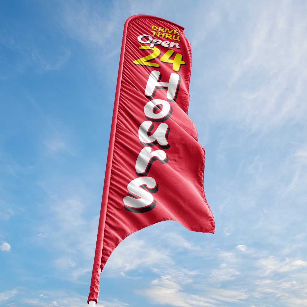 Drive-Thru Open 24 Hours - Red - Blade Flag w/Hardware - 13 FT.
