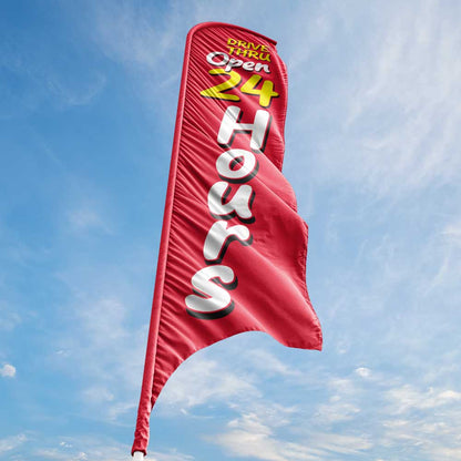 Drive-Thru Open 24 Hours - Red - Blade Flag w/Hardware - 13 FT.