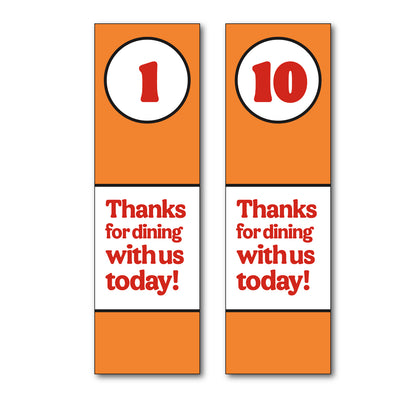 orange and red thanks for dining with us numbered table service stand 