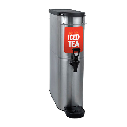 Red decal with yellow letters "SWEETENED" above white bold letters "ICED TEA" on stainless steel tea canister with white background