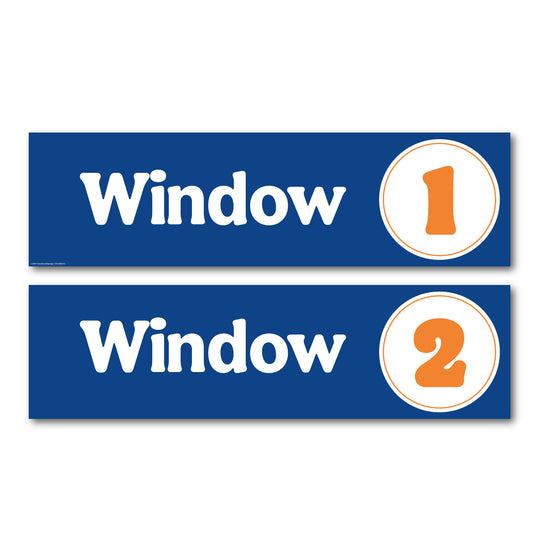 blue and orange window 1 and window 2 signs for fast food and quick serve restaurants