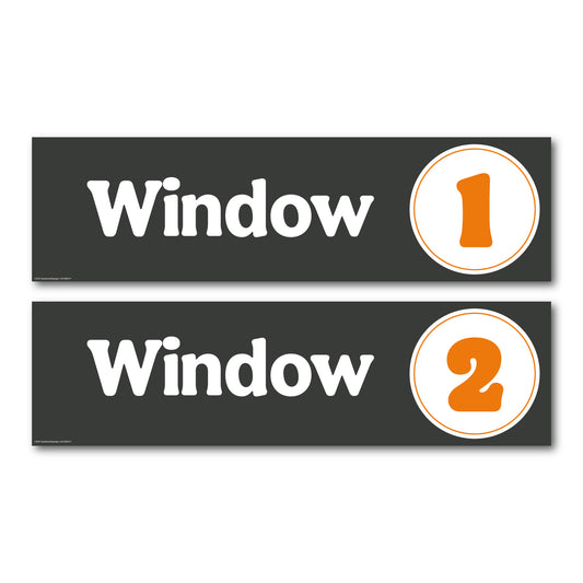 black and orange window 1 and 2 pay window signs