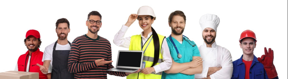 collection of people wearing uniforms from different industries white background