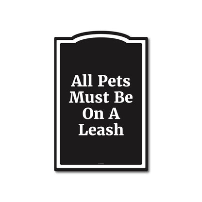 Black parking sign with white text 'all pets must be on a leash' 