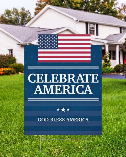 celebrate america god bless america red white and blue lawn sign in front yard