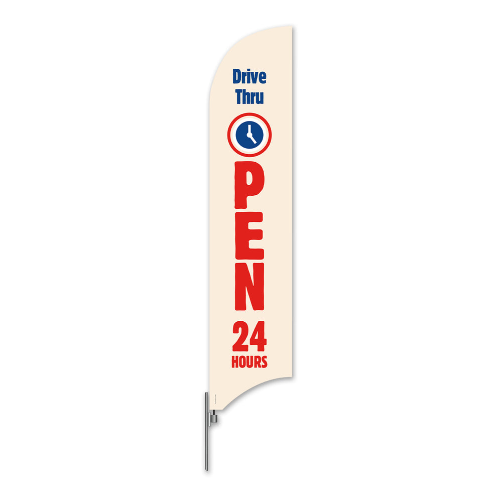 Drive Thru Open 24 HR's - Blade Flag 13 Ft. – OperationalSignage.com