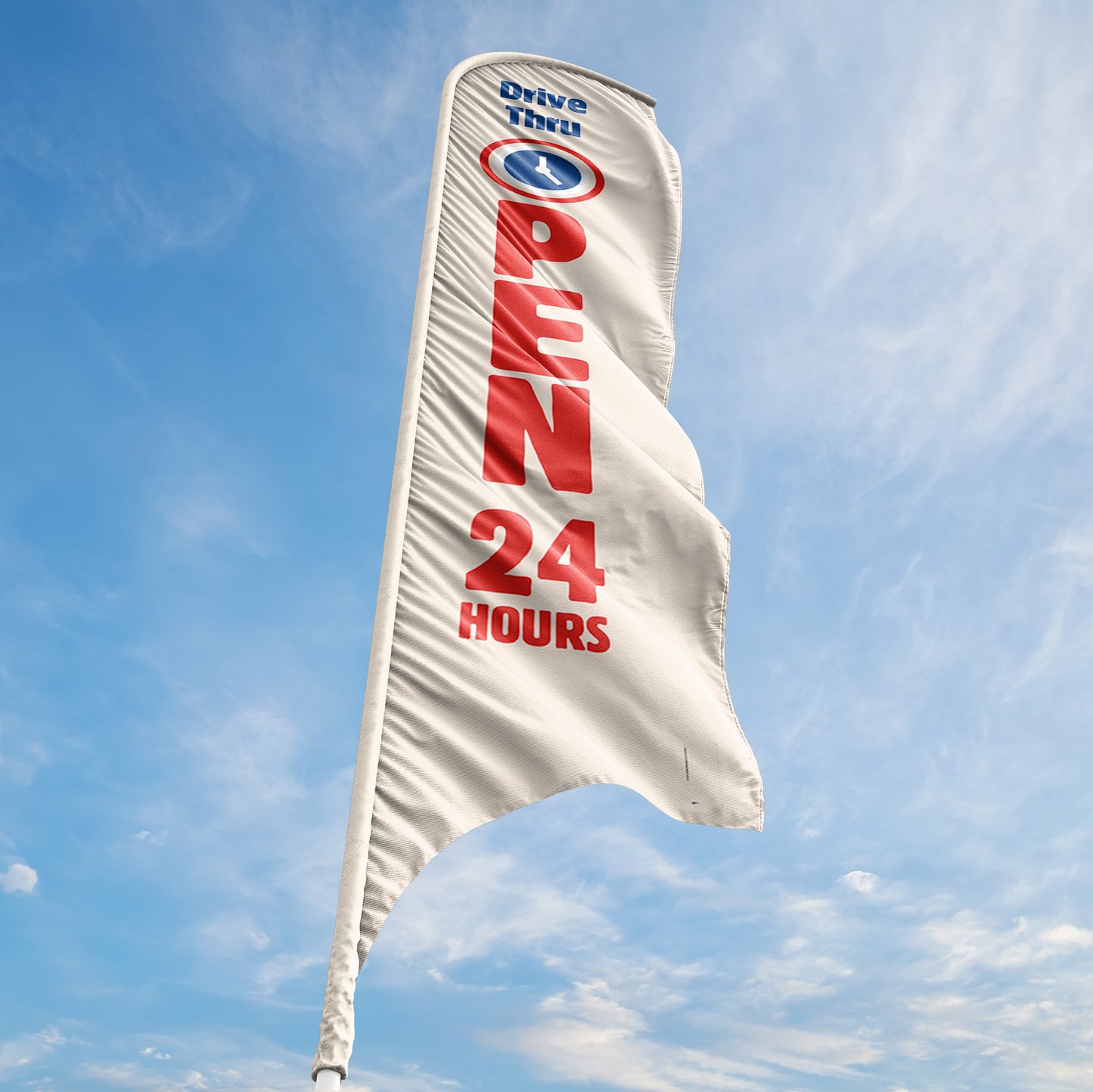 drive thru open 24 hours tan blue and red blade flag with sky background