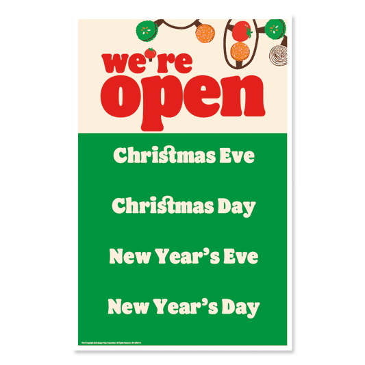 we're open chistmas eve christmas day ew years eve and new years day green and red festive decal