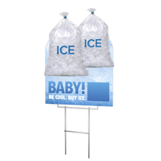 Two bags of ice with a sign that reads 'Baby! Be cool. Buy ice.' on a white background.