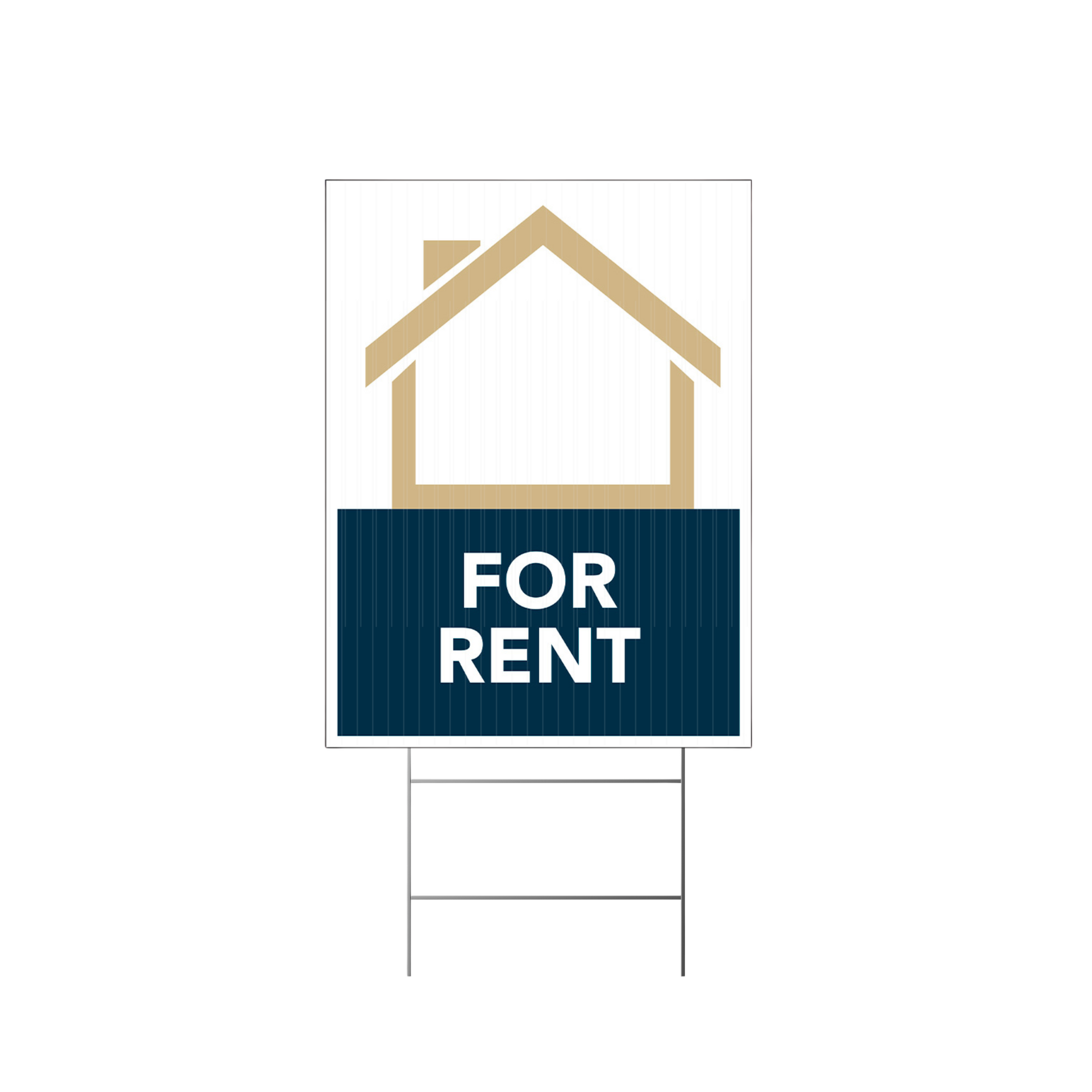 for rent lawn sign navy gold and white with white background
