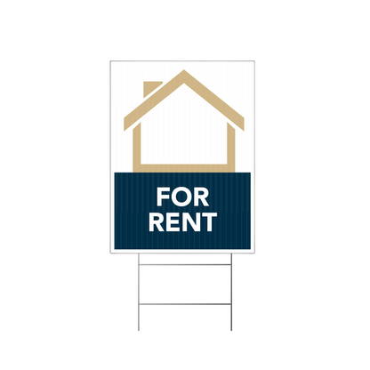 for rent lawn sign navy gold and white with white background