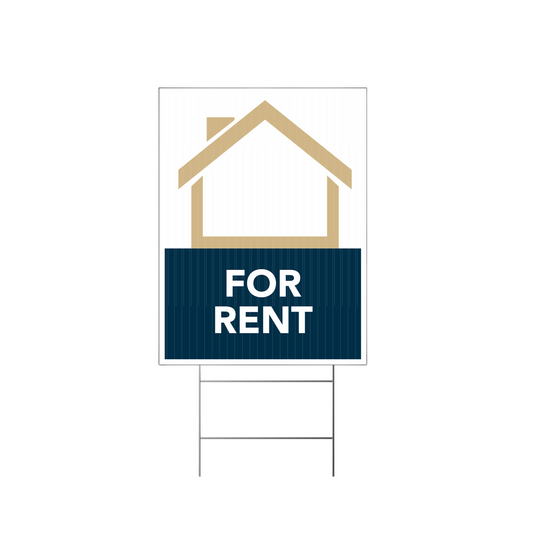 for rent lawn sign navy gold and white with white background