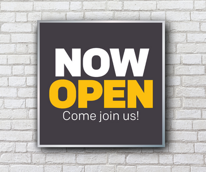 gray and yellow now open mini billboard mock up on white brick wall