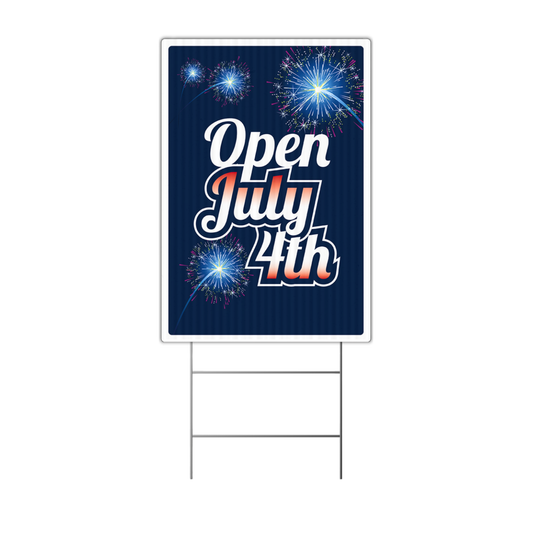 red white and blue open fourth of july lawn sign with fireworks with white background