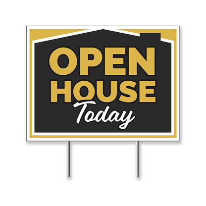 Black white and yellow open house today lawn sign 