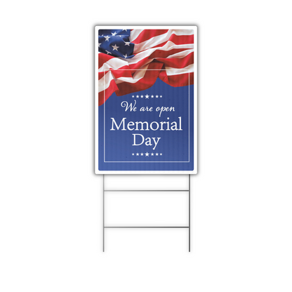 open memorial day lawn sign red white and blue us flag with white background