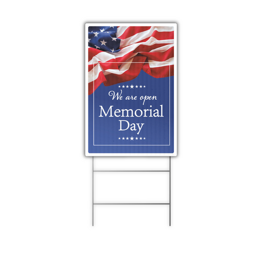 open memorial day lawn sign red white and blue us flag with white background
