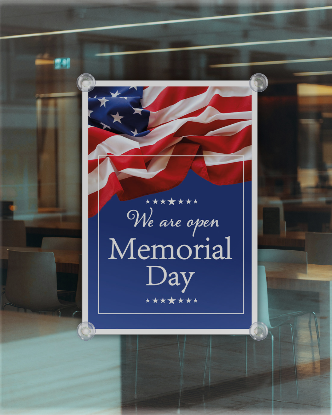 we are open memorial day poster red white and blue on restaurant window
