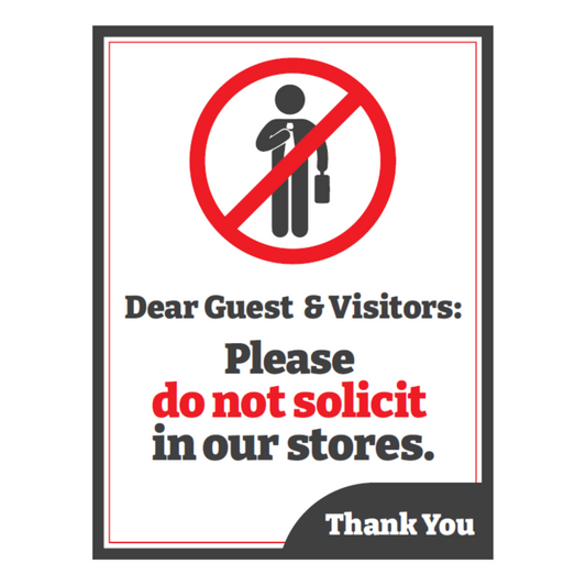 decal warning guests and visitors not to solicit in stores with a red prohibition symbol.