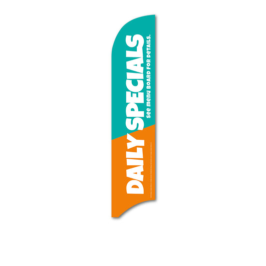 Green and orange feather flag with 'Daily Specials' text on a white background