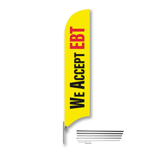 Yellow feather flag with 'WE ACCEPT EBT' text on a white background